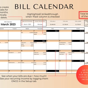 Puede incluir: Un calendario de facturas imprimible para marzo de 2023. El calendario tiene un espacio para facturas e ingresos para cada d&iacute;a del mes. El calendario est&aacute; dise&ntilde;ado para ayudarte a controlar tus finanzas y mantenerte al tanto de tus facturas.