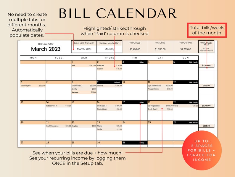 Puede incluir: Un calendario de facturas imprimible para marzo de 2023. El calendario tiene un espacio para facturas e ingresos para cada d&iacute;a del mes. El calendario est&aacute; dise&ntilde;ado para ayudarte a controlar tus finanzas y mantenerte al tanto de tus facturas.