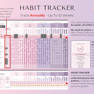 May include: A habit tracker with a pink and purple color scheme. The tracker is designed to track daily habits for up to 52 weeks. The text "Habit Tracker" and "Track Annually - Up To 52 Weeks" are displayed at the top. Includes a mood tracker.