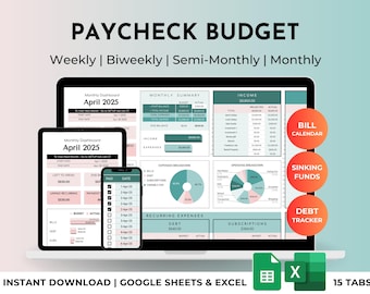 Paycheck and Monthly Budget Spreadsheet Planner | Excel & Google Sheets Template | Finance Tracker