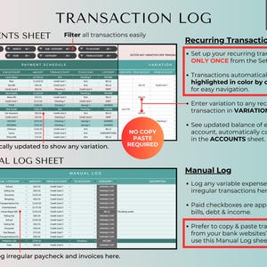 Pu&ograve; includere: Un foglio di calcolo digitale intitolato "Transaction Log" con sezioni per pagamenti e registri manuali. Il foglio di calcolo include istruzioni per transazioni ricorrenti e inserimenti manuali.