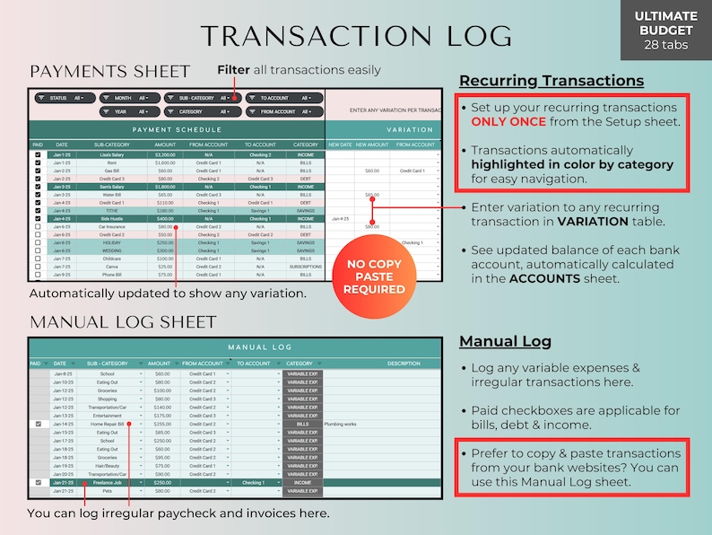Pu&ograve; includere: Un foglio di calcolo digitale intitolato "Transaction Log" con sezioni per pagamenti e registri manuali. Il foglio di calcolo include istruzioni per transazioni ricorrenti e inserimenti manuali.