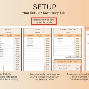 Puede incluir: Una hoja de c&aacute;lculo de seguimiento de presupuesto imprimible de color naranja claro y blanco con el t&iacute;tulo "SETUP" y el subt&iacute;tulo "Your Setup + Summary Tab". La hoja de c&aacute;lculo est&aacute; dividida en tres secciones: Facturas, Deudas y Suscripciones. Cada secci&oacute;n tiene una tabla con columnas para la categor&iacute;a, el presupuesto y el real. La hoja de c&aacute;lculo tambi&eacute;n incluye una secci&oacute;n de resumen con el total mensual adeudado por cada categor&iacute;a.
