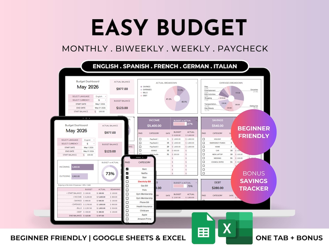 Easy Budget Planner for Beginners Excel/Google Sheets Template Simple Digital Finance Spre