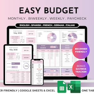 Puede incluir: Una plantilla de seguimiento de presupuesto digital para Google Sheets y Excel titulada Easy Budget. La interfaz muestra vistas mensuales, quincenales y semanales con gráficos circulares y tablas de ingresos, ahorros y deudas en tonos rosa y morado.