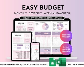 Easy Budget Planner for Beginners Excel/Google Sheets Template Simple Digital Finance Spreadsheet Monthly Paycheck Spending Savings Tracker