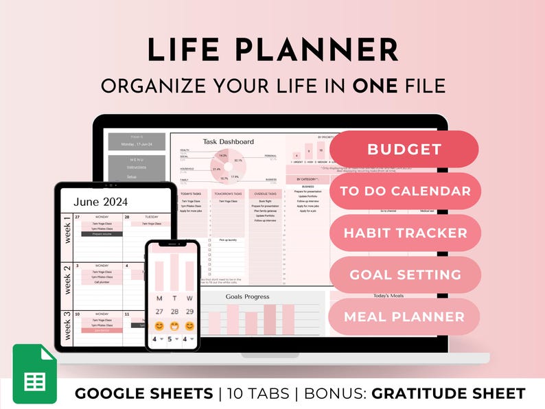 May include: A digital life planner template for Google Sheets with 10 tabs, including a budget, to-do calendar, habit tracker, goal setting, meal planner, and a bonus gratitude sheet. The template is displayed on a laptop screen with a pink background.