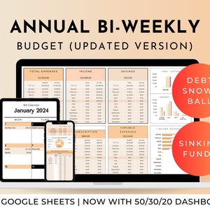 May include: A Google Sheets spreadsheet template for an annual bi-weekly budget. The template includes sections for total expenses, income, savings, subscriptions, variable expenses, debt snowball, and sinking funds. The template is designed to help users track their finances and manage their money effectively. The template is available in Google Sheets and includes a 50/30/20 dashboard.