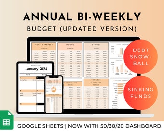 Foglio di calcolo del budget mensile bisettimanale annuale Fogli Google, modello di busta paga definitivo, pianificatore quindicinale 50 30 20, tracker del risparmio bisettimanale