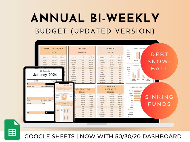May include: A Google Sheets spreadsheet template for an annual bi-weekly budget. The template includes sections for total expenses, income, savings, subscriptions, variable expenses, debt snowball, and sinking funds. The template is designed to help users track their finances and manage their money effectively. The template is available in Google Sheets and includes a 50/30/20 dashboard.