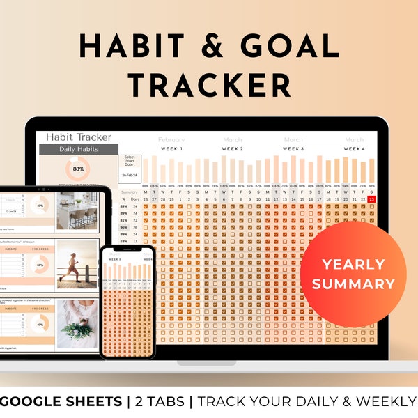 Gewoonte- en doeltracker Google Spreadsheets Planner Spreadsheet-sjabloon, jaarlijkse dagelijkse wekelijkse routine, Digital Vision Board, Tracker voor het instellen van doelen