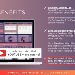 May include: A pink and purple Google Sheets spreadsheet template for biweekly budgeting. The template includes a biweekly budget tab, a monthly income and expense summary, and a detailed YouTube video tutorial. The template is compatible with Google Sheets and includes a semi-monthly version.