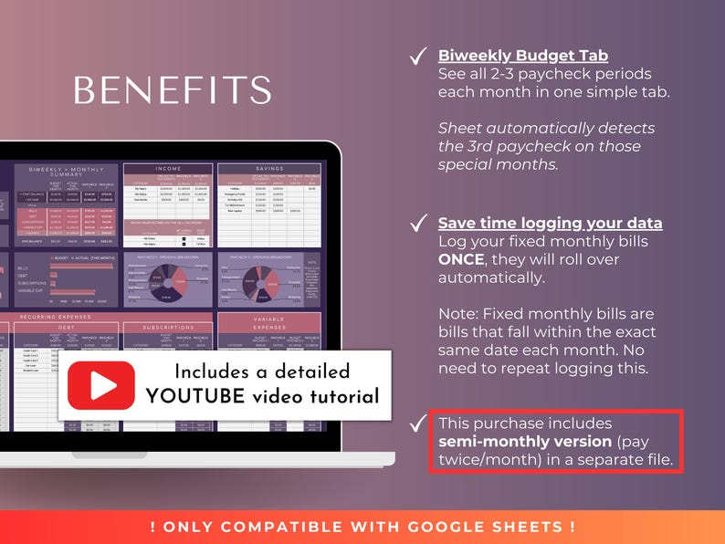 May include: A pink and purple Google Sheets spreadsheet template for biweekly budgeting. The template includes a biweekly budget tab, a monthly income and expense summary, and a detailed YouTube video tutorial. The template is compatible with Google Sheets and includes a semi-monthly version.