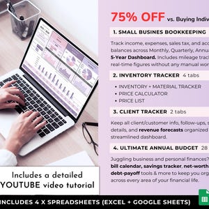 May include: A laptop displaying financial data with a person's hands typing on the keyboard. The image includes text about small business bookkeeping, inventory, client tracking, and annual budgeting. A YouTube tutorial is included.