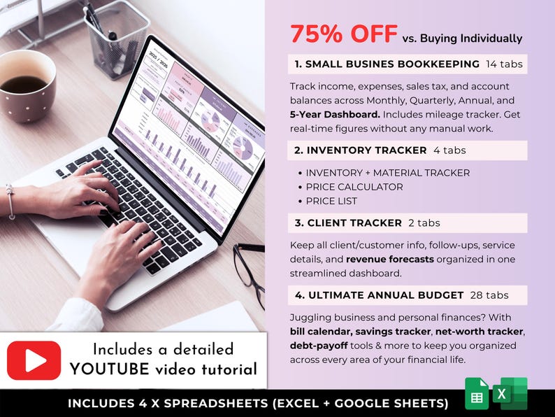 May include: A laptop displaying financial data with a person's hands typing on the keyboard. The image includes text about small business bookkeeping, inventory, client tracking, and annual budgeting. A YouTube tutorial is included.