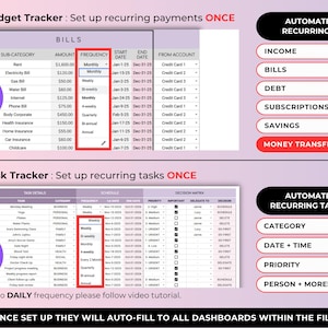 May include: A digital budget and task tracker with a purple and white color scheme. The image displays tables for bills and tasks, with options to automate recurring payments and tasks. Text includes "Budget Tracker" and "Task Tracker."