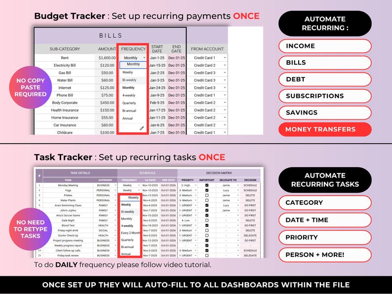 May include: A digital budget and task tracker with a purple and white color scheme. The image displays tables for bills and tasks, with options to automate recurring payments and tasks. Text includes "Budget Tracker" and "Task Tracker."