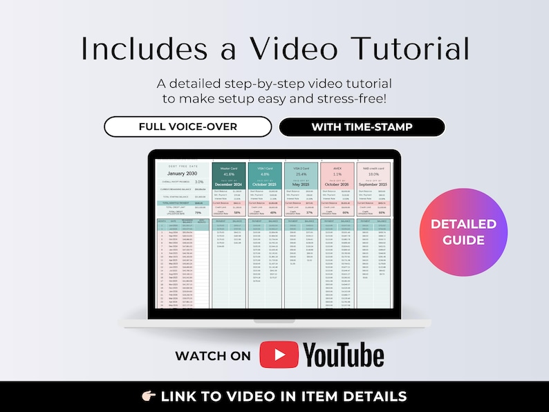 May include: A laptop screen displays a detailed spreadsheet with financial data. The image includes the text "Includes a Video Tutorial" and "Watch on YouTube". A detailed guide is also available.