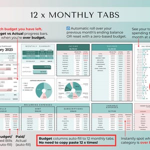 Hoja de cálculo de presupuesto familiar anual para gastos del hogar, finanzas conjuntas, 12 pestañas mensuales, facturas, seguimiento de deudas, planificador de hojas de cálculo de Google y Excel. imagen 5