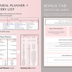 May include: A pink and white printable planner with a meal planner, grocery list, and gratitude journal. The planner includes a weekly meal planner, a grocery list, and a gratitude journal with prompts for daily affirmations, things you are grateful for, good things that happened today, and what inspired you today.