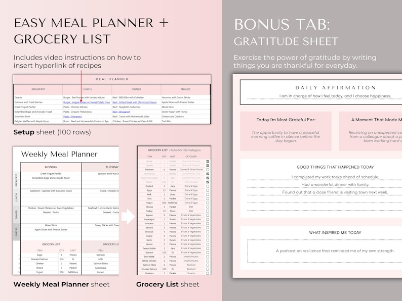 May include: A pink and white printable planner with a meal planner, grocery list, and gratitude journal. The planner includes a weekly meal planner, a grocery list, and a gratitude journal with prompts for daily affirmations, things you are grateful for, good things that happened today, and what inspired you today.