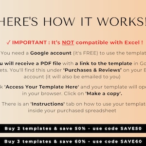 Puede incluir: Una imagen de texto con un fondo blanco y un degradado naranja. El texto dice "HERE'S HOW IT WORKS!" y explica c&oacute;mo usar una plantilla de Google Sheets. Tambi&eacute;n incluye un c&oacute;digo de descuento para comprar varias plantillas.