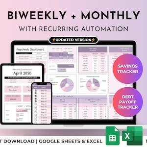 May include: A digital financial dashboard displayed on a laptop, tablet, and smartphone. The screen shows a biweekly and monthly budget tracker with recurring automation. The design includes charts and the text "Savings Tracker" and "Debt Payoff Tracker."