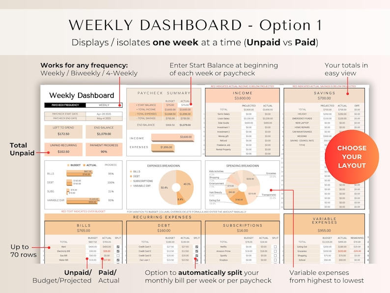 Weekly & Monthly Budget Spreadsheet for Google Sheets | Bill Calendar, Savings Tracker, Automatic Bill Split image 5