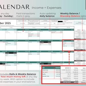 Pu&ograve; includere: Un calendario turchese e bianco per ottobre 2025, con sezioni per entrate e spese. Include il monitoraggio del saldo giornaliero e settimanale, con opzioni per il saldo quindicinale e le spese variabili. Include istruzioni per la stampa.