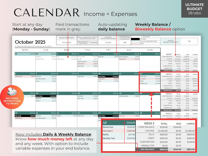 Pu&ograve; includere: Un calendario turchese e bianco per ottobre 2025, con sezioni per entrate e spese. Include il monitoraggio del saldo giornaliero e settimanale, con opzioni per il saldo quindicinale e le spese variabili. Include istruzioni per la stampa.