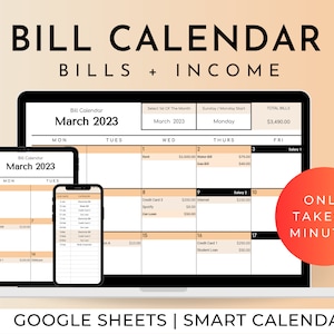 Puede incluir: Un port&aacute;til, una tableta y un tel&eacute;fono inteligente muestran una plantilla de calendario de Google Sheets para realizar un seguimiento de las facturas y los ingresos. El calendario es para marzo de 2023 y muestra varias entradas de facturas e ingresos. El texto "BILL CALENDAR BILLS + INCOME" est&aacute; en la parte superior de la imagen. El texto "ONLY TAKES 5 MINUTES" est&aacute; en un c&iacute;rculo rojo en el lado derecho de la imagen.