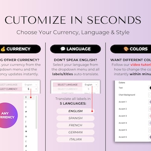 May include: An instructional graphic titled CUSTOMIZE IN SECONDS with sections for CURRENCY, LANGUAGE, and COLORS. It features dropdown menus for currency and language selection, a list of five languages, and a color customization panel with text and accent options.