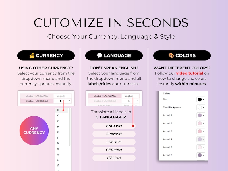 May include: An instructional graphic titled CUSTOMIZE IN SECONDS with sections for CURRENCY, LANGUAGE, and COLORS. It features dropdown menus for currency and language selection, a list of five languages, and a color customization panel with text and accent options.