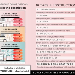 May include: A pink and white graphic with the text "AVAILABLE IN 3 COLOR OPTIONS" and "Links in the description". Three images of a Google Sheet spreadsheet with the text "LIFE PLANNER" and "ORGANIZE YOUR LIFE IN ONE FILE". The spreadsheet has tabs for "BUDGET", "TO DO CALENDAR", "HABIT & MOOD TRACKER", and "GOAL SETTING". The text "10 TABS + INSTRUCTIONS" is listed with a description of each tab. The text "Includes a detailed YOUTUBE video tutorial" is displayed with a play button icon. The text "! ONLY COMPATIBLE IN GOOGLE SHEETS!" is displayed at the bottom.