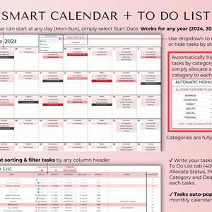 May include: A printable calendar and to-do list template with a pink and gray color scheme. The calendar is for June 2024 and has a section for tasks with categories, priority, deadline, and notes. The to-do list has a table with columns for task, status, priority, category, deadline, person, notes, and days left.