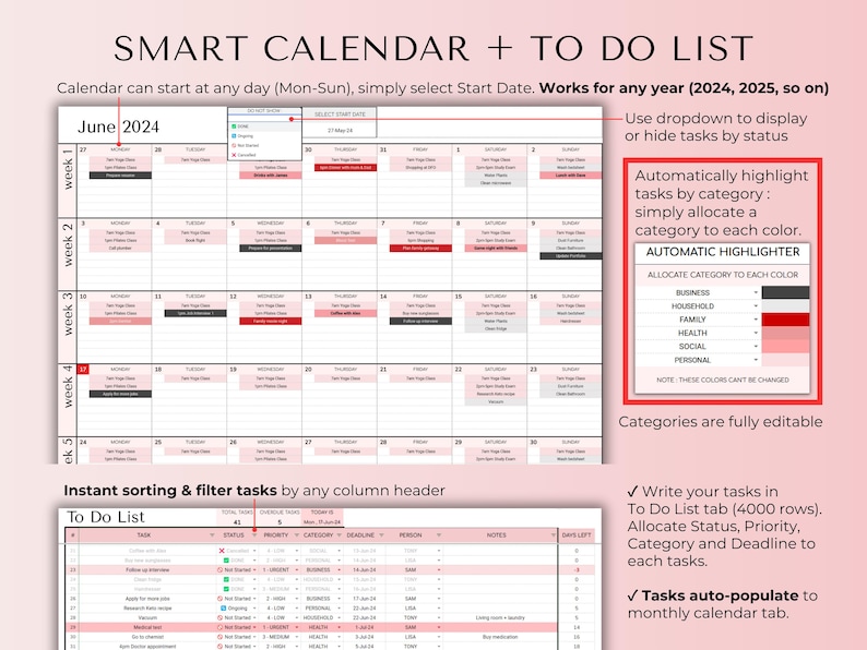 May include: A printable calendar and to-do list template with a pink and gray color scheme. The calendar is for June 2024 and has a section for tasks with categories, priority, deadline, and notes. The to-do list has a table with columns for task, status, priority, category, deadline, person, notes, and days left.