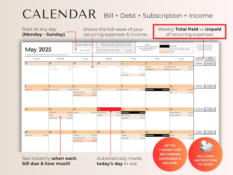 Weekly & Monthly Budget Spreadsheet for Google Sheets | Bill Calendar, Savings Tracker, Automatic Bill Split image 7
