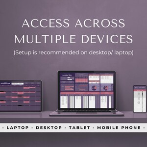 May include: A mockup showing how a budgeting spreadsheet can be accessed across multiple devices, including a laptop, tablet, and mobile phone. The text on the image reads "ACCESS ACROSS MULTIPLE DEVICES (Setup is recommended on desktop/laptop) - LAPTOP - DESKTOP - TABLET - MOBILE PHONE -"