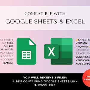 May include: A graphic with the text "COMPATIBLE WITH GOOGLE SHEETS & EXCEL." It includes the Google Sheets and Excel logos, along with text stating that Google Sheets is free and requires a Google account. It also mentions the latest Excel version is required.