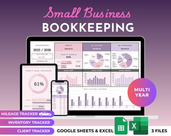 Plantilla de hoja de cálculo para contabilidad de pequeñas empresas: Pérdidas y ganancias, plantilla de contabilidad sencilla, registro de impuestos sobre las ventas, registro de inventario, Excel, Google Sheets