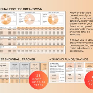 May include: A printable budget planner with sections for annual expense breakdown, debt snowball tracker, and sinking funds/savings. The planner features pie charts, tables, and a calendar format. It includes the text "25 Debts + Up to 30 Years" and "16 Sinking Funds".