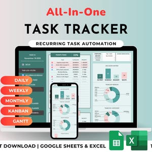 Rastreador de tareas Hoja de cálculo de gestión de proyectos Tablero Kanban Matriz de Eisenhower Planificador diario semanal Diagrama de Gantt Rastreador de equipo Hojas de cálculo de Excel de Google