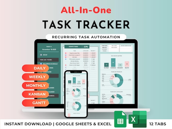 Task Tracker Spreadsheet Google Sheets Excel Template Digital To-Do List Daily Task Priority List Work Organization Team Project Management