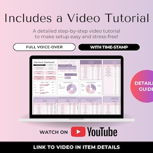 May include: A laptop displays a spreadsheet with financial data, including charts and tables. The screen shows the text "Paycheck Dashboard." The image includes the text "Includes a Video Tutorial" and "Watch on YouTube."