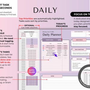 May include: A digital daily planner with a focus on task management and scheduling. The planner includes sections for tasks, schedules, notes, and a gratitude log. The design is primarily purple and white.
