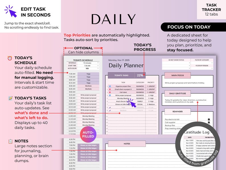 May include: A digital daily planner with a focus on task management and scheduling. The planner includes sections for tasks, schedules, notes, and a gratitude log. The design is primarily purple and white.
