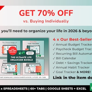 May include: Digital organizer bundle with a red "Hot Deal" banner offering 70% off. Includes budget, task, and bill trackers, and more. The text says "All you'll need to organize your life in 2026 & beyond."