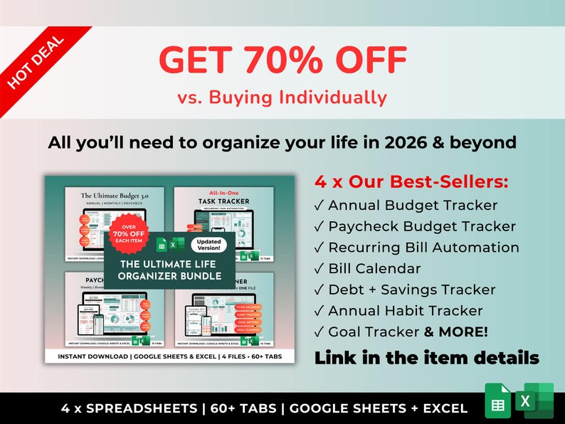 May include: Digital organizer bundle with a red "Hot Deal" banner offering 70% off. Includes budget, task, and bill trackers, and more. The text says "All you'll need to organize your life in 2026 & beyond."