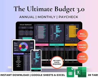 Foglio di calcolo per il monitoraggio del budget annuale, modello in modalità scura definitiva / Spese, abbonamenti, monitoraggio del debito, calendario delle fatture / Excel e Fogli Google