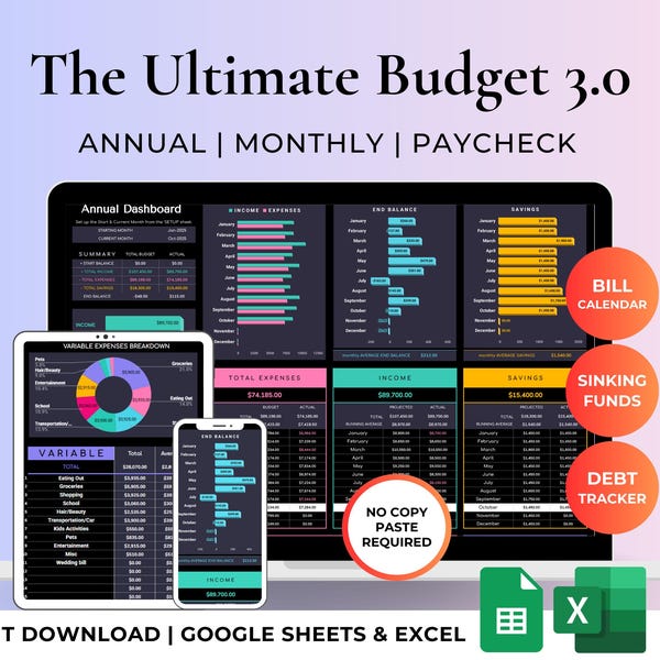 Ultimate Annual Budget Tracker Spreadsheet Planner Dark Mode Template | Expense, Debt & Savings Tracker, Bill Calendar | Excel Google Sheets